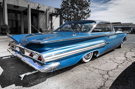 Blue 1960 Chevy Impala -  Glowing Paint in the California sun Glowing Paint, 60 Impala, 59 Chevy Impala, 1960 Chevy Impala, Classic Cars Chevy, Vintage Muscle Cars, Lowrider Cars, American Classic Cars, Sweet Cars