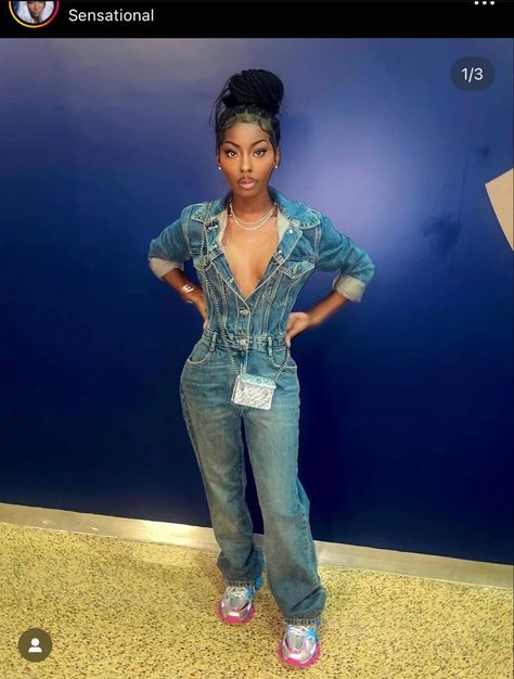 Boujee Denim Outfits, Freaknik Ideas, Freaknik Outfits Black Women, Outgoing Outfits, Jumpsuit Outfit Black, Baddie Pics, Denim Jumpsuit Outfit, Dope Swag Outfits, Outfit Black Women