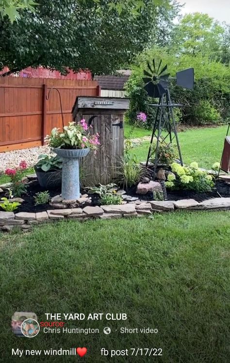 Windmill Garden Decor, Yard Windmill Ideas, No Plant Landscape Ideas, Windmill Garden Ideas, Western Landscaping Ideas, Backyard Windmill, Frame Plants, Primitive Gardens, Cabin Projects