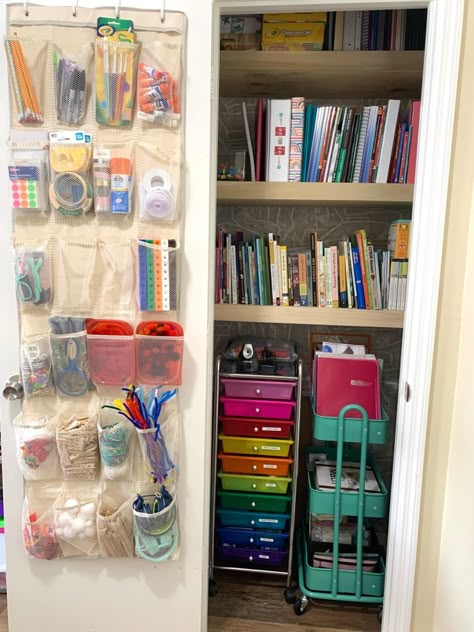 Homeschool Closet, Small Space Homeschool Organization, Homeschool Storage, Door Shoe Rack, Homeschool Room Organization, Window Seat Ideas, Craft Closet Organization, Closet Transformation, Homeschool Space