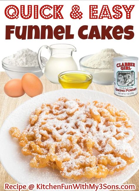 Fair Funnel Cake Recipe, Funnel Cake Batter, Carnival Treats, Carnival Foods, Funnel Cake Recipe Easy, Funnel Cake Bites, Homemade Funnel Cake, Fair Foods, Funnel Cake Recipe