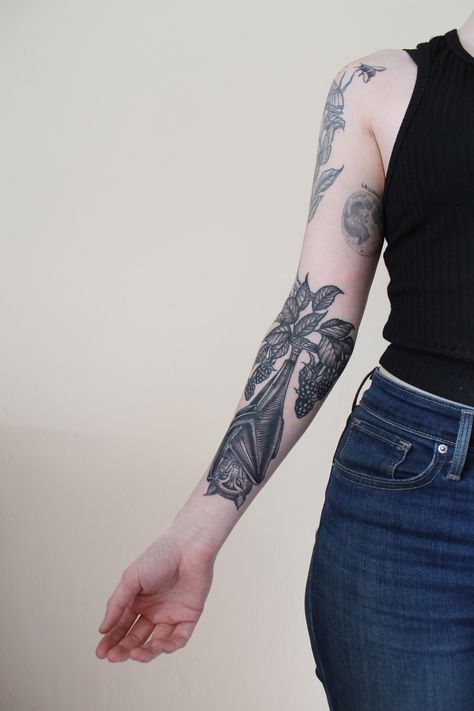 Bat Leg Tattoo, Gothic Half Sleeve Tattoo, Bat Half Sleeve Tattoo, Bat Tattoo On Arm, Bat Tattoo Arm, Bat And Fruit Tattoo, Bats Tattoo Arm, Bat Tattoo Forearm, Gothic Forearm Tattoo