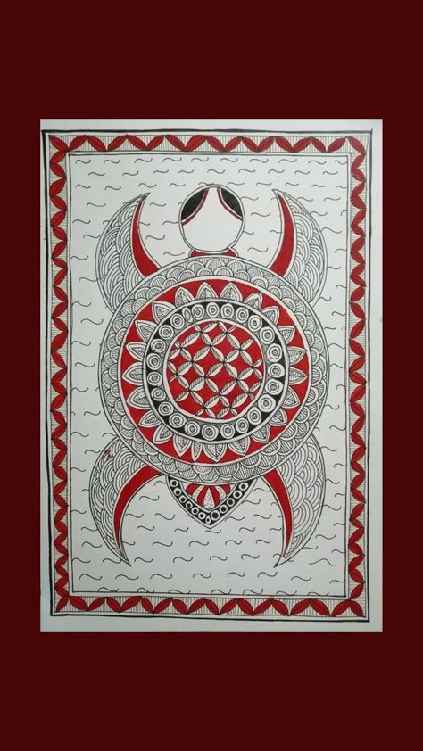 Madhubani drawing of a turtle done in a kachani style of painting using microns and red dye Turtle In Madhubani Painting, 24 Tirthankar, Madhubani Drawing, Indian Doodle, Madhubani Motifs, Mithila Art, Worli Painting, Mithila Painting, Crochet Capelet