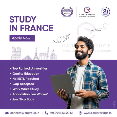 Study in France! Apply Now! Discover top-ranked universities and quality education in France. Enjoy no IELTS requirement, work while you study, and benefit from a 2-year stay-back option. Application fee waivers available!  Call Today to Know More- +91 9948 66 22 55  #studyinabroad #studyinfrance #noiletsneeded Study In Abroad Poster Design, Study Abroad Creative Ads, Travel Advertising Design, Student Posters, Delhi Metro, Education Poster Design, Instagram Design Creative, Travel Advertising, Casual Frocks