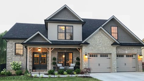 Custom built home House Exteriors With Stone And Siding, White Brick Two Story House Exterior, Hardy Board And Brick Exterior, Modified Two Story Exterior, Transitional Brick House Exterior, Brick Homes Exterior, Vertical House Siding, Two Story Brick Homes, Brick And Stone House Exterior