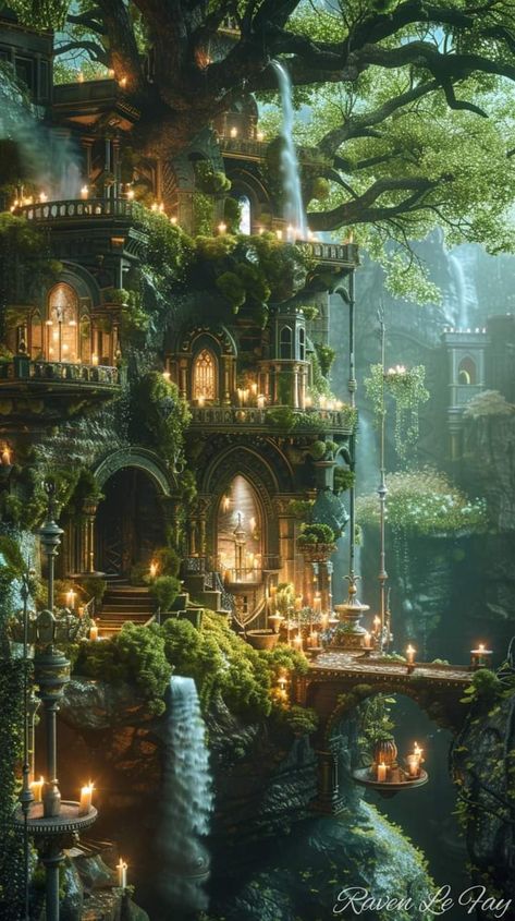 Fantasy Fairy Kingdom, Tree Castle Fantasy Forests, Dark Jungle House Aesthetic, Elven Aesthetic Home, Fairy Castle Art, Feywild Village, Elven Princess Aesthetic, Magical House Interior, Forest Castle Aesthetic