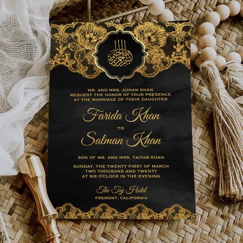 Islamic Wedding Invitations Template, Muslim Wedding Invitation Card Design, Nikkah Invitation, Muslim Wedding Cards, Muslim Wedding Invitations, 50th Wedding Anniversary Party, Wedding Invitation Size, Card Inspo, Islamic Wedding