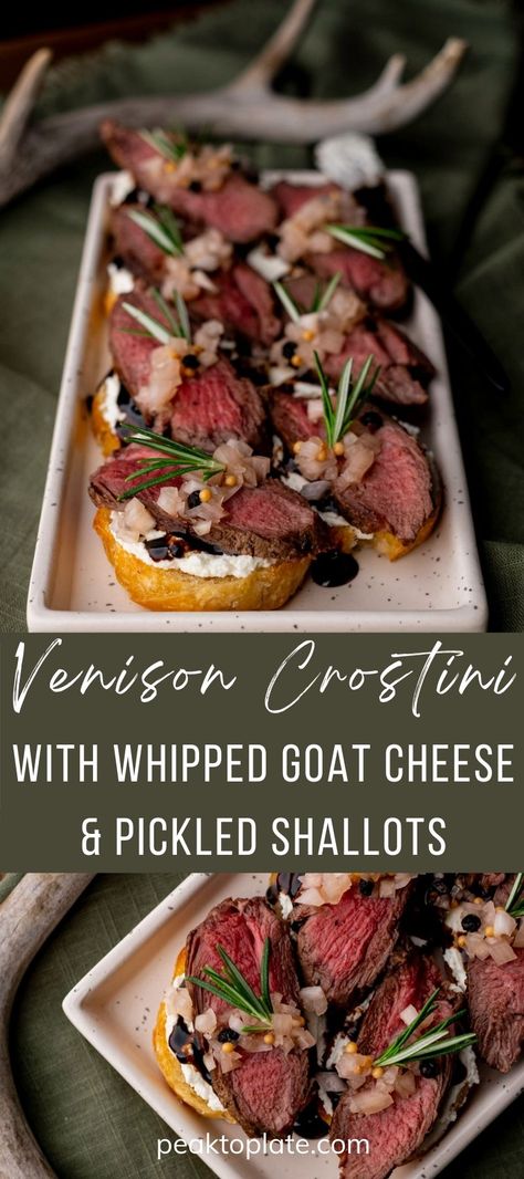 Venison Crostini with Whipped Goat Cheese & Pickled Shallots Deer Appetizers, Venison Stuffed Mushrooms, Venison Crostini, Venison Appetizers, Steak And Cheese Sub, Steak Appetizers, Venison Steak Recipes, Cooking Venison Steaks, Ground Venison Recipes