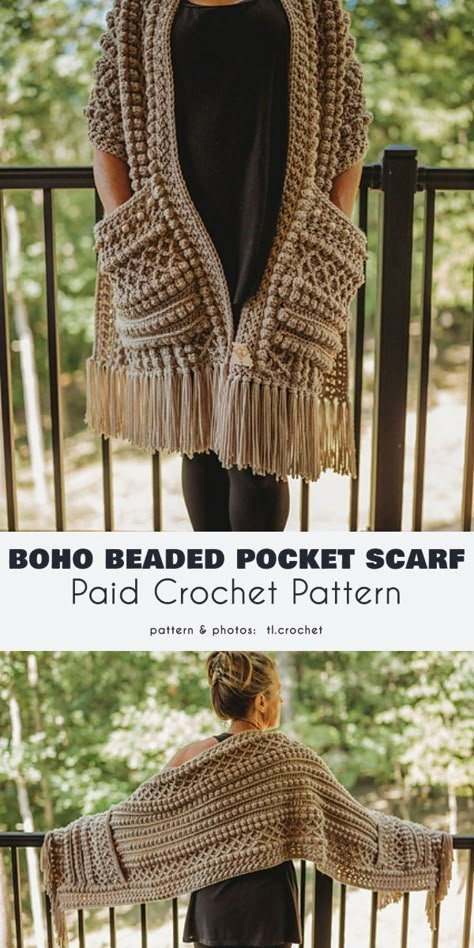 Boho Beaded Pocket Scarf Pocket Shawl, Crochet Pocket, Pocket Scarf, شال كروشيه, Pocket Scarves, Crochet Shawl Pattern Free, Crochet Shawls And Wraps, Shawl Crochet, Knitting Patterns Free Cardigans