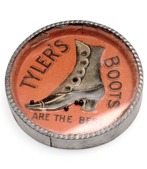 This trinket, which measures about one and three-quarter inches across and a quarter inch deep, served as a promotional giveaway for Tyler's Boots, a UK shoemaker in existence during the early 20th century. Likely manufactured in Germany, the handheld plaything (made of tin, lithographed paper, and glass) provided entertainment. This kind of dexterity toy remains recognizable to kids today: Simply tilt the piece to roll the metal balls into the Dexterity Games, Vintage Advertising Art, Antique Advertising, Antiques Roadshow, Antique Finds, Promotional Giveaways, Tin Containers, Button Holes, Old Signs