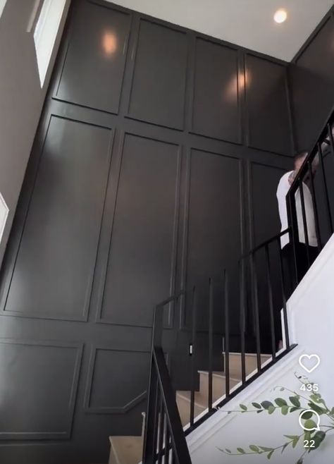 Black Stair Accent Wall, Wainscoting Ideas Entryway Stairways, Black Accent Wall Stairwell, Wood Paneling Staircase Wall, Accent Wall Down The Stairs, Wood Accent Wall Staircase, Bonus Guest Room Ideas, Feature Wall Stairwell, Accent Walls Stairs