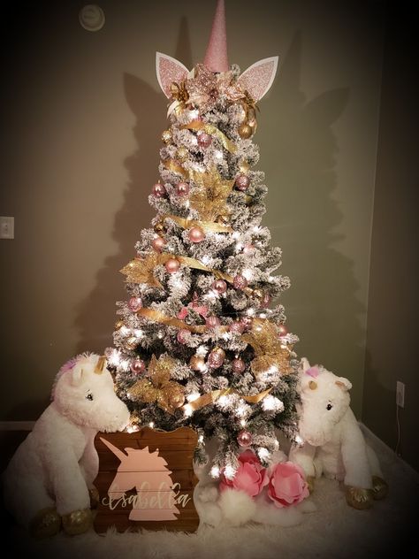 Unicorn Theme Christmas Tree, Unicorn Tree Topper, Girls Christmas Tree Ideas, Unicorn Christmas Tree Ideas, Baby Girl Christmas Tree, Unicorn Tree, Unicorn Christmas Tree, Christmas Tree Roses, Rose Tree