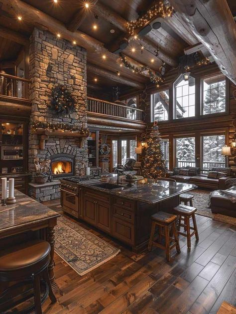 Rich Cabin Aesthetic, Log Cabin Mansions Interior, Winter Log Cabin Aesthetic, Cozy Cabin Bedrooms, Winter Cabin Mansion, Log Home Interior, Stone Cabin, Log Cabin Dining Room Kitchen & Dining Tables, Old Home Remodel