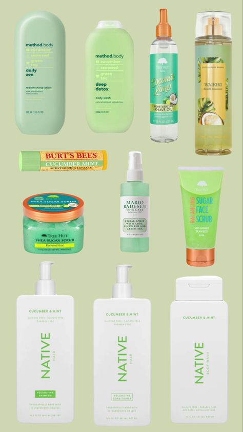 Cucumber Body Care, How To Smell Like Green Tea, Cucumber Scented Shower Routine, How To Smell Like Eucalyptus, Green Skincare Products, Fresh Scent Combos, How To Smell Like Cucumber, How To Smell Like Mint, Smell Like Cucumber