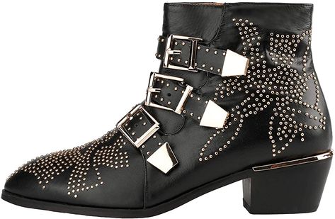 Amazon.com | ARQA Women Ankle Boots Women's Genuine Leather Boot Buckle Strap Low Chunky Heel Booties Rivet Studded Boot Shoes(Size4-15) | Ankle & Bootie Low Heel Booties, Chunky Heel Booties, Ankle Boots Leather, Studded Ankle Boots, Punk Boots, Boots Womens, Genuine Leather Shoes, Pointed Toe Shoes, Boots Leather