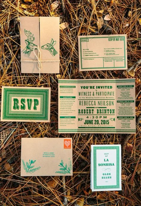 Camp themed wedding | Redwoods wedding | 100 Layer Cake Name Change Party Ideas, Camp Wedding Save The Date, Camp Inspired Wedding, Camp Wedding Invitations, Summer Camp Wedding Invitations, Summer Camp Wedding Ideas, Camp Theme Wedding, Friends Retreat, National Park Wedding Theme