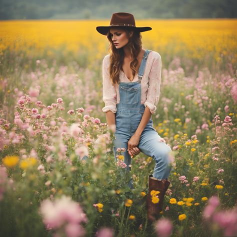 Mix feminine with rugged by pairing a soft, pastel-colored off-shoulder blouse with distressed denim overalls. Complete the look with cowboy boots and a braided leather bracelet. This outfit combines comfort with country charm, perfect for a day out or a casual gathering. Overalls And Cowboy Boots Outfit, Cowboy Boots Outfit, Women's Overalls, Braided Leather Bracelet, Bib Overalls, Country Charm, Denim Overalls, Braided Leather, Boots Outfit