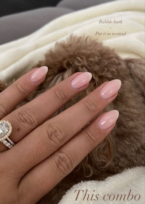 Light pink neutral almond shape nails Neutral Almond Nails Classy Short, Neutral Proposal Nails, Clean Oval Nails, Short Nail Inspo Neutral, Cute Nails Inspo Simple, Bubble Bath Acrylic Nails Almond, Sns Neutral Nails, Engagement Nails Light Pink, Neutral Nails Cute