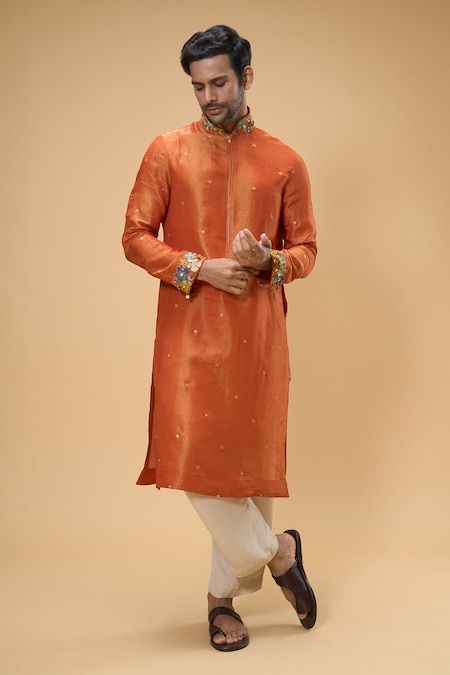 Organza Kurta For Men, Orange Kurta For Men, Orange Outfit Men, Haldi Ceremony Outfit For Men, Dholki Night, Stylish Boy Clothes, Organza Kurta, Mens Traditional Wear, Haldi Ceremony Outfit