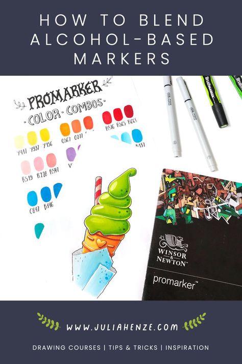 Promo for an article where you wil learn how to blend alcohol-based markers. There are some Promarker and Promarker Brush on the table, Color Charts, a drawing of a pistachio icecream and Winsor and Newton paper block. Promarkers Art, What Is An Alcoholic, Blending Markers, Drawing Course, First Then, Sketch Markers, Copic Coloring, Alcohol Markers, Useful Tips