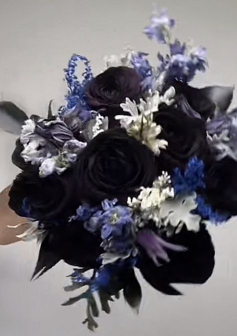 Black And Blue Gothic Wedding, Corps Bride Quince Theme, Dark Blue Wedding Bouquet, Corpse Bride Wedding Theme Ideas, Blue Goth Wedding, Corpse Bride Quinceanera, Space Bouquet, Corpse Bride Wedding Theme, Corpse Bride Bouquet