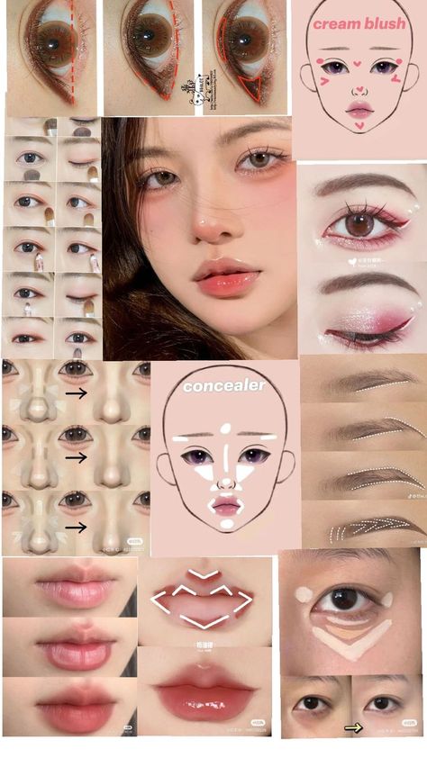 Asian Makeup Tutorials, Korean Makeup Tips, Korean Makeup Tutorials, Simple Makeup Tips, Cute Eye Makeup, Doll Eye Makeup, Makeup Face Charts, Korean Eye Makeup, Beauty Makeup Tutorial