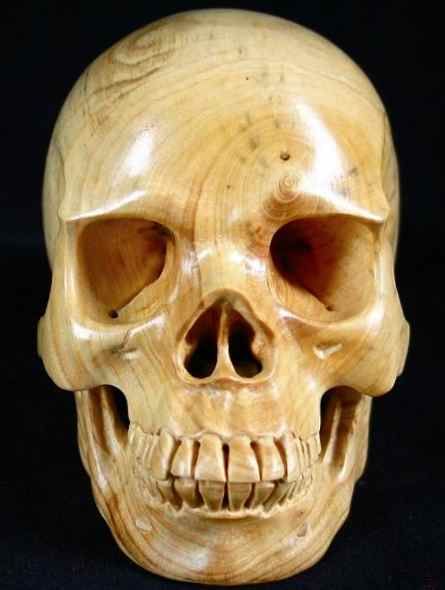 Custom Artistic Carving & Handcrafted Life Size Box Wood Skull - Contemporary * * Perfect, Large 4.1" Boxwood Carving. You are looking at a Boxwood skull. The skull is 4.1 inches long, from front to back. All carved skulls are custom made, the work can take up to 6 weeks. The wood possibilities are endless. In addition to the many profiles we offer, our sculpting technicians and artist can produce custom profiles to your specifications. We will work with you from sketches and your imagination to Halloween Carving, Wood Skull, Wooden Skull, Carved Skulls, Cane Handles, Bone Crafts, Wood Spirit, Chip Carving, Chainsaw Carving