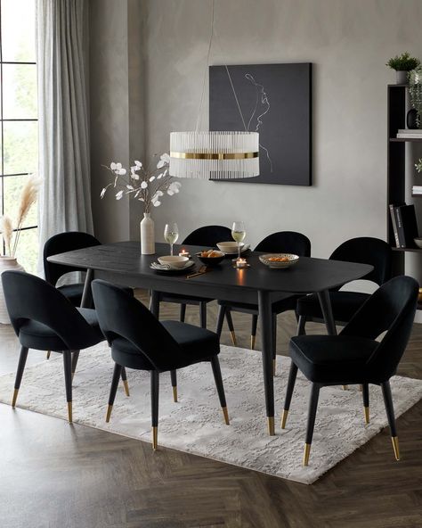 Add a retro touch to your dining area with this mid-century dining chair. The Clover has been given a modern lift with classic velvet upholstery and brass capped legs while still keeping its vintage charm. The black finish is a subtle yet luxe way to introduce velvet into your dining room. Black Dining Room Table, Contemporary Dining Room Design, Buffet Decor, Grey Dining Room, Table Farmhouse, Dinning Room Design, Dining Room Buffet, Black Dining Room, Dining Room Ideas