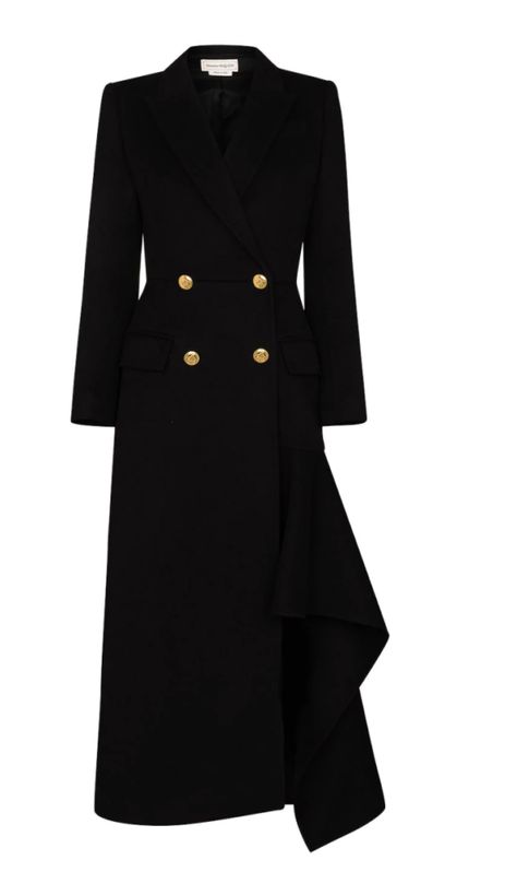 Statement Jackets, Black Dress Coat, Asymmetrical Coat, Alexander Mcqueen Dresses, Long Black Coat, Royal Dresses, Black Pleated Skirt, Dark Outfits, Long Wool Coat