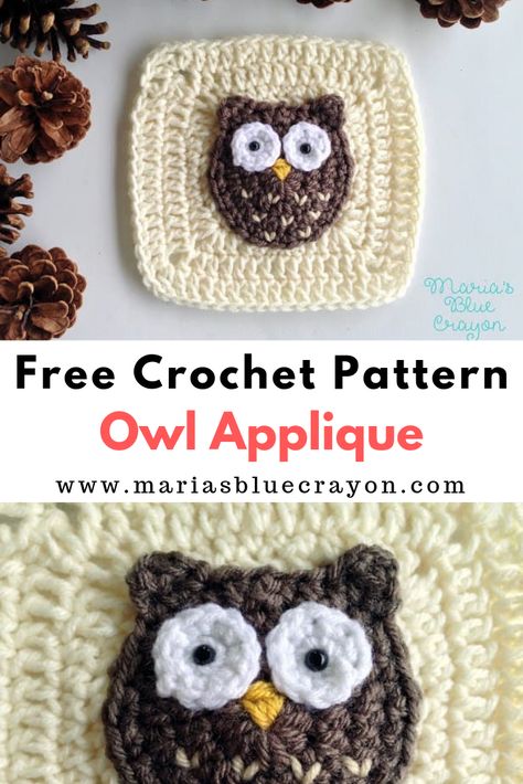 Owl Granny Square, Sunburst Granny Square, Crochet Applique Patterns Free, Woodland Owl, Blue Crayon, Owl Applique, Owl Crochet Patterns, Granny Square Crochet Patterns Free, Crochet Owl