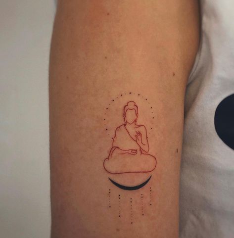 Buddha + the inscription Here and Now (in Lithuanian) = a recipe for peace and inner harmony✨🧘🏼‍♀️✨ 💌DM for booking tattoo session #tattoobuddha #redtattoo #redandblacktattoo #tattoovilnius #femaletattoo #inscriptiontattoo #lithuaniantattoo Fine Line Buddha Tattoo, Tattoo Buddha, Buddhism Tattoo, Buda Tattoo, Tattoo Session, Buddhist Tattoo, Buddha Tattoos, Hand And Finger Tattoos, Buddha Tattoo