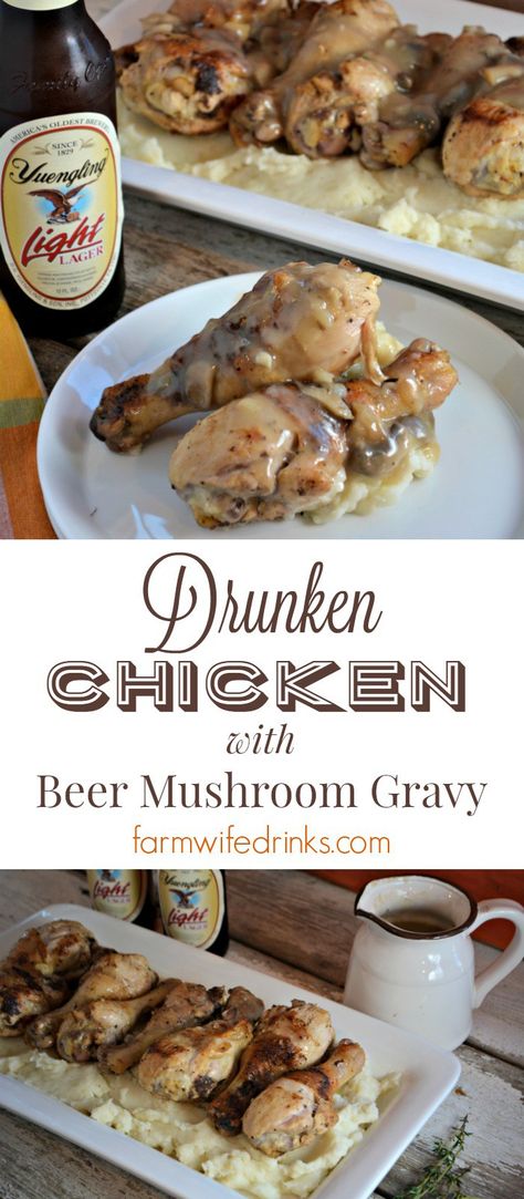 Drunken Chicken is a beer marinaded, crispy chicken recipe that everyone will… Beer Dessert, Best Grill Recipes, Yuengling Beer, Drunken Chicken, Crispy Chicken Recipes, Beer Chicken, Cooking With Beer, Turkey Dishes, Mushroom Gravy