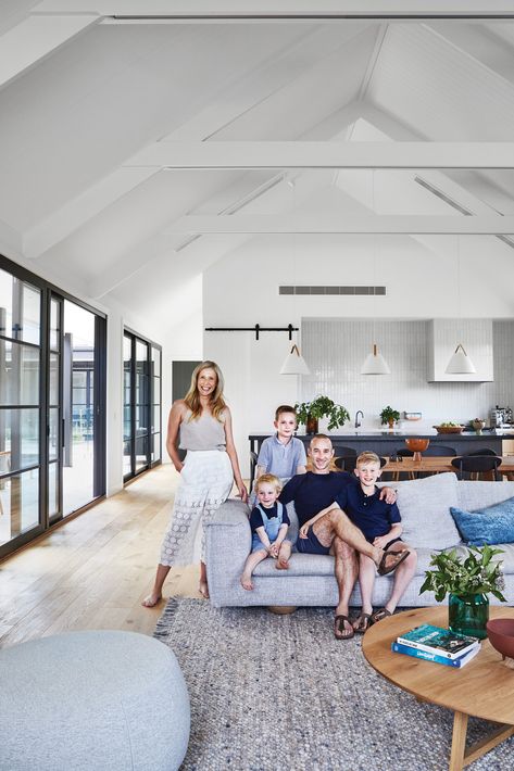 A contemporary farmhouse on the Mornington Peninsula Beams Painted White, Marble Kitchen Island, Pitched Ceiling, Engineered Timber Flooring, Elsie De Wolfe, Cottage Renovation, Contemporary Coastal, Classic Kitchen, Contemporary Farmhouse