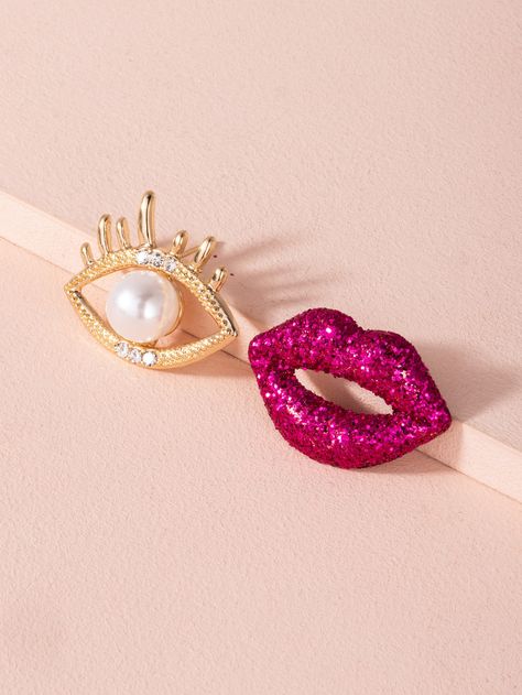 Glitter Lips & Eye Charm Earrings | SHEIN USA Mouth Design, Rhinestone Material, Fancy Earrings, Glitter Lips, Mismatched Earrings, Strawberry Print, Stud Set, Trendy Earrings, Stone Gold