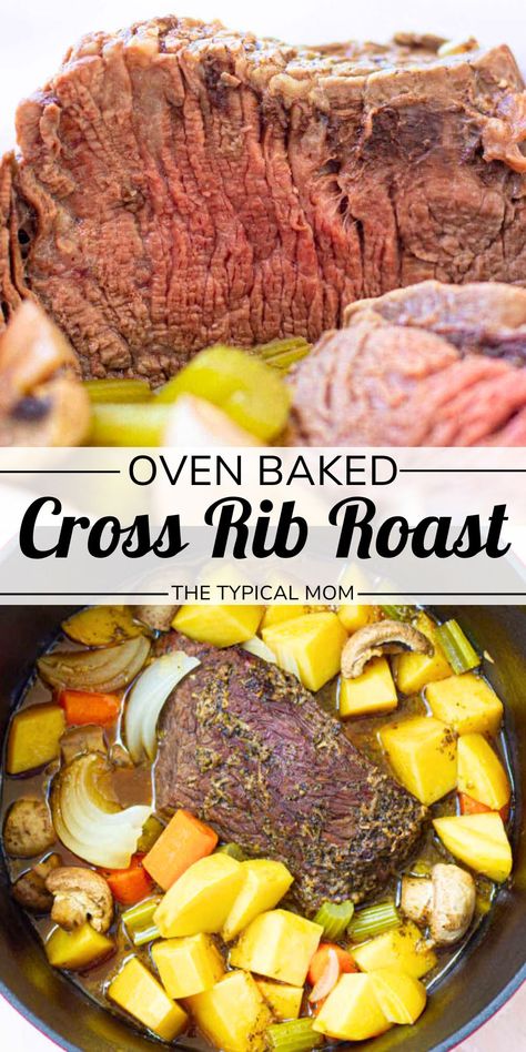 Juicy cross rib roast in the oven with potatoes and vegetables is the best dinner or lunch that's great for winter. Oven-baked cross rib roast is made with butter, thyme, garlic, potatoes, onions, and more ingredients that come together for a flavorful dinner. Check out how to make this delicious roast today! Rib Roast Oven, Crockpot Cross Rib Roast Recipes, Roast And Potatoes In Oven, Cross Rib Roast Recipes Instant Pot, Cross Rib Roast Recipes Ovens, Outside Round Oven Roast, Beef Cross Rib Roast Recipes Crock Pot, Cross Rib Roast Instant Pot, Roast In The Oven