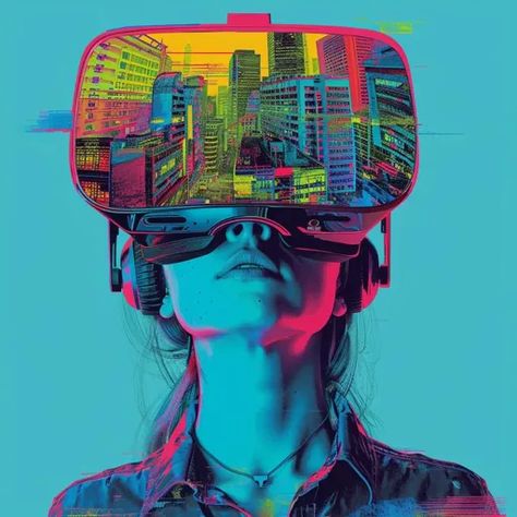 ↑↑↑ Larger size on website 🔸 A woman wearing a virtual reality headset looks up with a serene expression. The headset displays a  🔸 From Midjourney AI Image Headset Aesthetic, Surreal Aesthetic, Futuristic Cityscape, Virtual Reality Headset, Vr Headset, Pink Sky, Blue And Pink, Virtual World, Woman Face