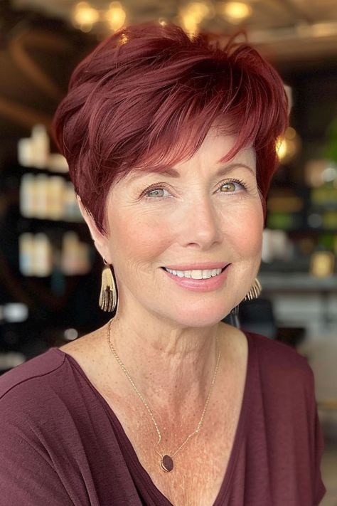 Vibrant Red Mahogany Pixie, pixie haircut for women over 60 Short Burgundy Hair Pixie, Short Burgundy Hair, Haircut Ideas Brown Hair, Twist Box Braids, Ideas Haircut, Side Swept Curls, Hair Dye Ideas, Hairstyle Short, Bubble Ponytail