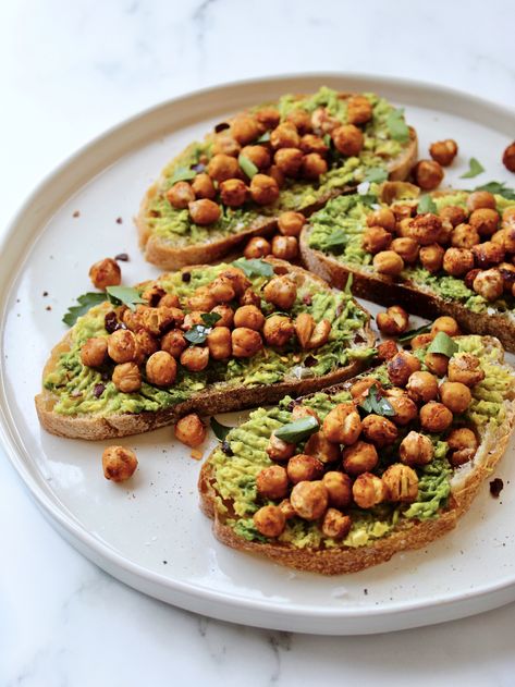 Spicy Roasted Chickpea Avocado Toast | Plants in My Pants Breakfast Clean Eating, Open Faced Sandwich Recipes, Chickpea Avocado, Fitness Breakfast, Open Sandwich, Avocado Toast Breakfast, Roasted Chickpea, Crispy Chickpeas, Breakfast Toast