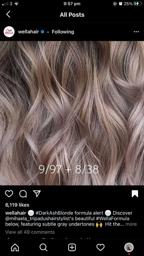 Ash Beige Blonde Formula, Wella Color Touch Toner Formulas, Beige Blonde Wella Formula, Wella Ash Blonde, Wella Hair Formulas, Wella Hair Color Formulas, Wella Shinefinity Formulas, Dark Toner For Blonde Hair, Dark Blonde Toner