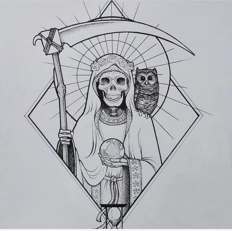 Santa Muerte Drawing Tattoo, Santa Muerte Tattoo, Santa Muerte Prayer, Grim Reaper Tattoo, Reaper Tattoo, Aztec Tattoo, Tattoo Stencil Outline, Dark Art Tattoo, Tattoo Style Drawings