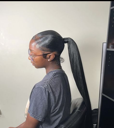 Two Low Ponytails With Weave, 2 Low Ponytails With Weave, V Part Ponytail, Quick Weave Ponytail Hairstyles, Quick Weave Ponytail, Sleek Low Ponytail, Buns Hairstyles, Hair Inches, Sleek Braided Ponytail