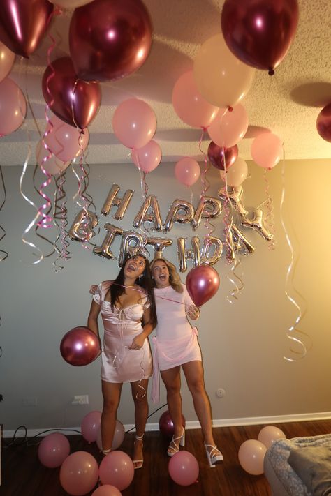 Pink theme birthday party. 24th +25th bday! Pink dress, pink baloons, happy bday sign. Pink Silver Themed Birthday Party, Pink 25th Birthday Party Ideas, 25th Birthday Pink Theme, 20th Birthday Pink Theme, Pink Bday, Pink Disco 21st Birthday, 25 Birthday Theme, Light Pink Birthday, Pink Party Theme