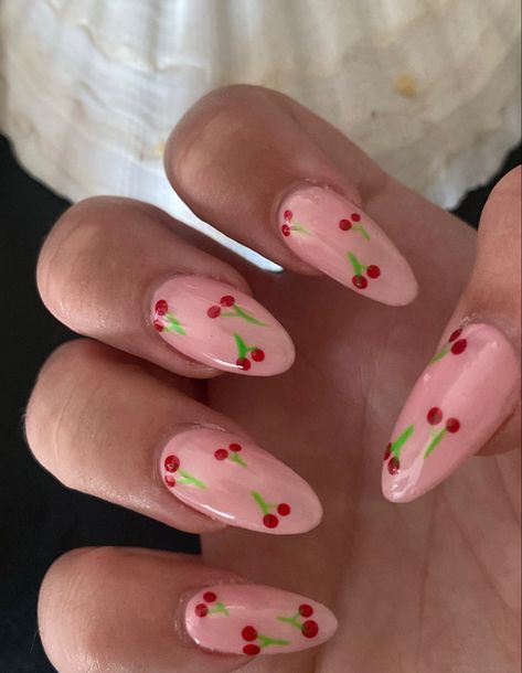 Cherry Valentines Day Nails, Pink And Cherry Nails, Cherry And Heart Nails, Pink And Red Cherry Nails, Cherry Print Nails, Heart Cherry Nails, Blue Cherry Nails, Harry Styles Nails Ideas, Harry Styles Nail Art