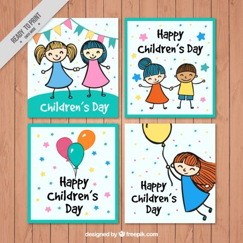 Funny pack of children's day drawings cards Free Vector Happy Children’s Day Card, Children's Day Greeting Card For Kids Birthday, Children Day Card Ideas, Children's Day Cards Ideas For Kids, Children Day Drawing For Kids, Children Day Cards For Kids, Happy Children's Day Gift, Kids Greeting Cards Ideas, Children Day Gift Ideas For Kids