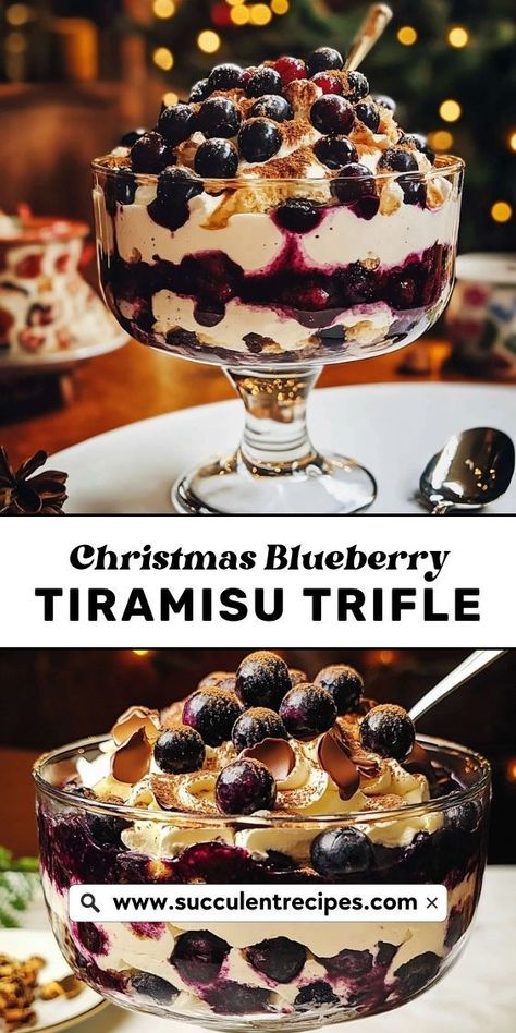 Add a burst of blueberry flavor to your holiday spread with this Blueberry Tiramisu Trifle. Combining the creamy goodness of tiramisu with a fresh berry twist, it’s a showstopper for your Christmas table! Blueberry Tiramisu, Lady Fingers Dessert, Traditional Tiramisu, Christmas Trifle Recipes, Blueberry Trifle, Berry Tiramisu, Trifle Bowl Recipes, Tiramisu Trifle, Festive Holiday Desserts