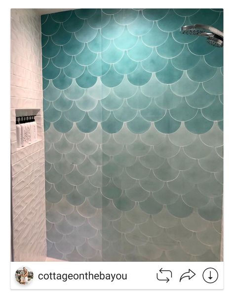 Mixed Solid Fishscale Moroccan Cement Tiles | Villa Lagoon Tile Fishscale Tile Bathroom, Gradient Tile, Fish Scale Tile Bathroom, Fishscale Tile, Florida Bathroom, Scallop Tiles, Mermaid Tile, Turquoise Bathroom, Villa Lagoon Tile