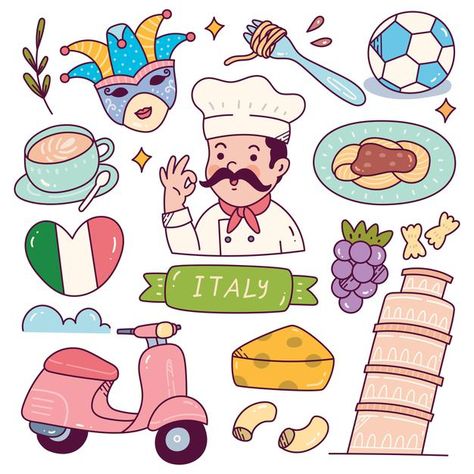 Italy Profile Picture, Italy Cartoon Illustrations, Italian Drawings Easy, Italy Drawing Easy, Italy Doodles, Italy Cartoon, Coffee Vector Illustration, Italy Drawing, Italian Icons