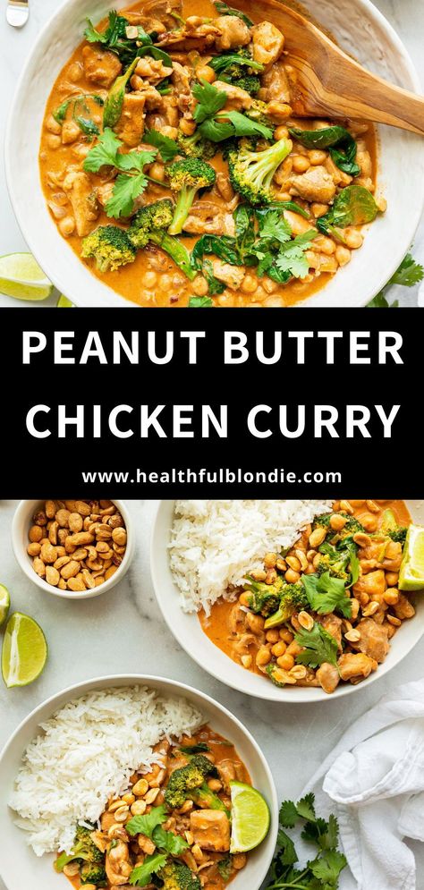 Spice up your dinner menu with this delicious Thai peanut butter curry made with chicken, chickpeas, and coconut milk. This super nutritious, one-pan meal is packed with flavor and protein. Plus, it's gluten free, dairy free, and can be made vegan! Chicken Chickpeas, Butter Curry, Peanut Butter Curry, Peanut Butter Chicken, Peanut Curry, Butter Chicken Curry, Chicken Chickpea, Chicken Cauliflower, Thai Peanut