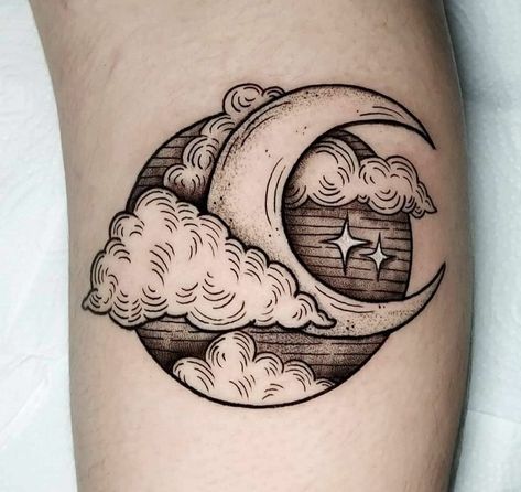 Skull Moon Tattoo Traditional, Full Moon And Clouds Tattoo, Blackwork Moon Tattoo, Traditional Cloud Tattoo, Traditional Tattoo Clouds, Night Sky Tattoo, Traditional Tattoo Black And White, Luna Tattoo, Gothic Tattoos