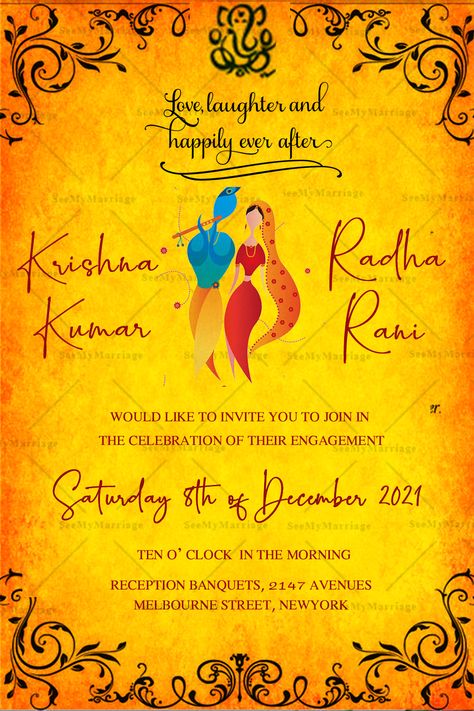 Radha Krishna Wedding Cards Invitations, Radha Krishna Wedding Invitation, Radha Krishna Wedding, Golden Yellow Wedding, Triple Charm, Yellow Wedding Invitations, Marathi Wedding, Traditional Invitation, Floral Save The Dates